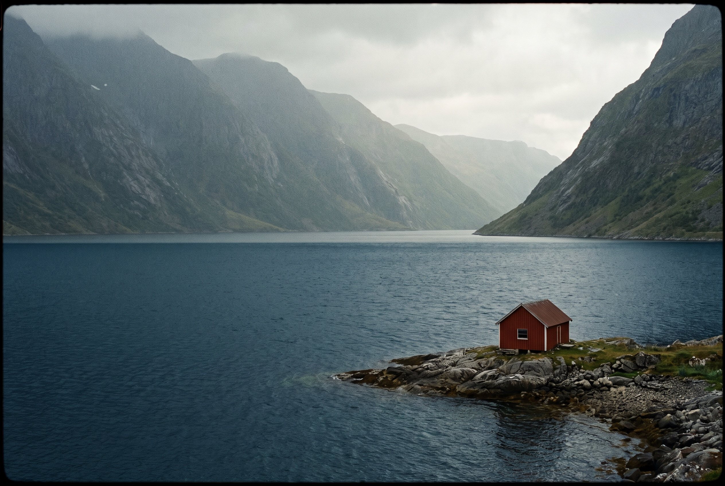 A minimalist fjord landscape with a single small red cabin on the shore under flat overcast light