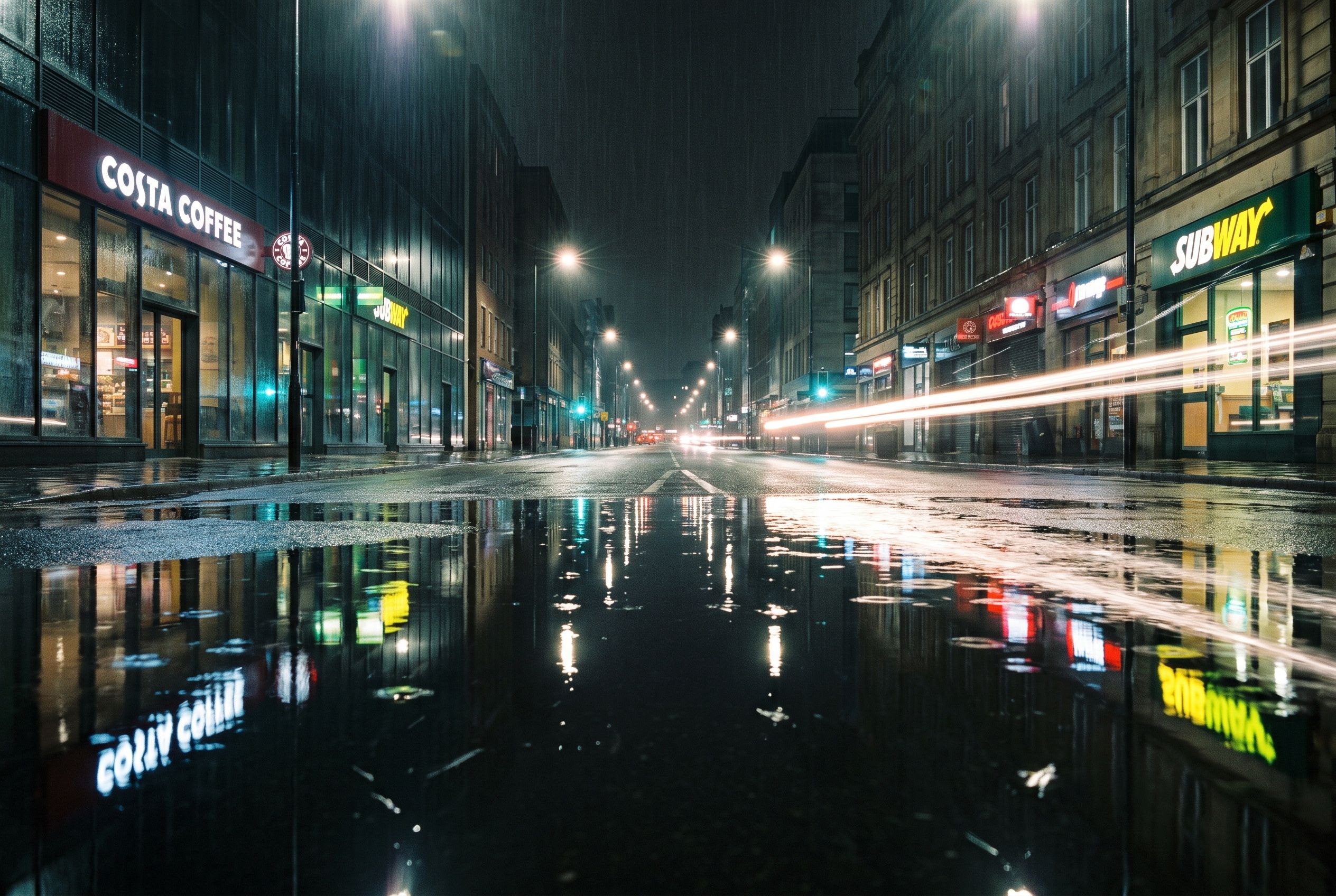 An empty city street after rain at night, neon signage reflected in the wet asphalt