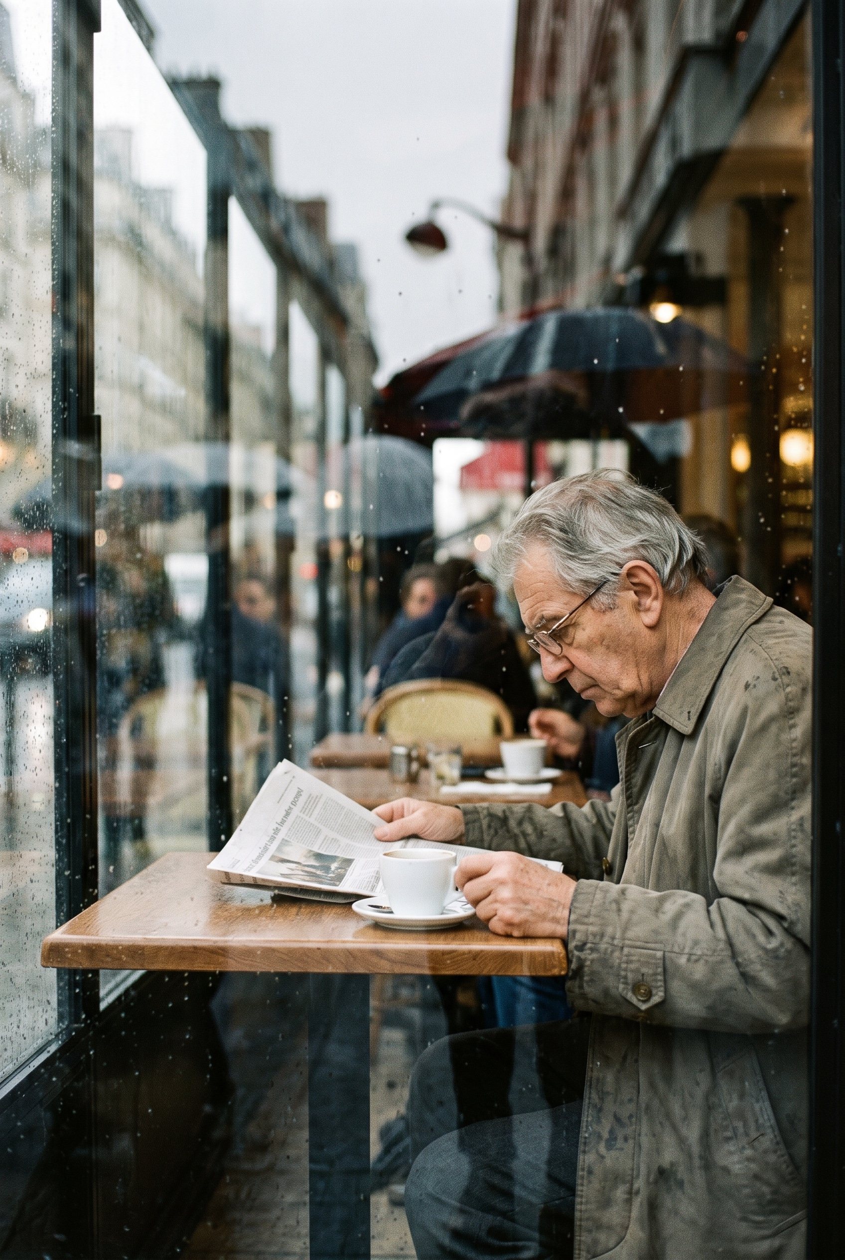 An elderly man reading a newspaper at a café table, seen through a rain-streaked window
