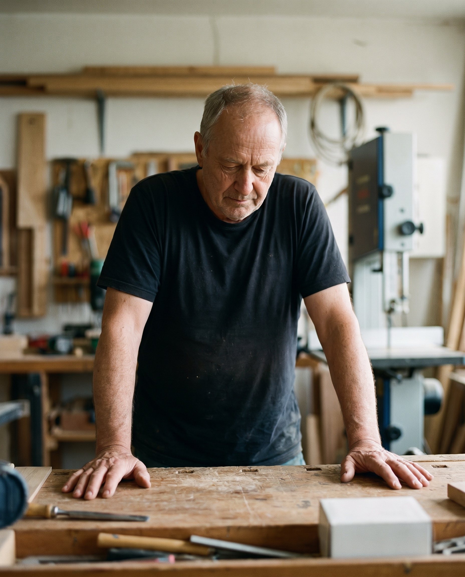 An older craftsman resting his hands on a workbench in his woodshop, lit by a window off to one side
