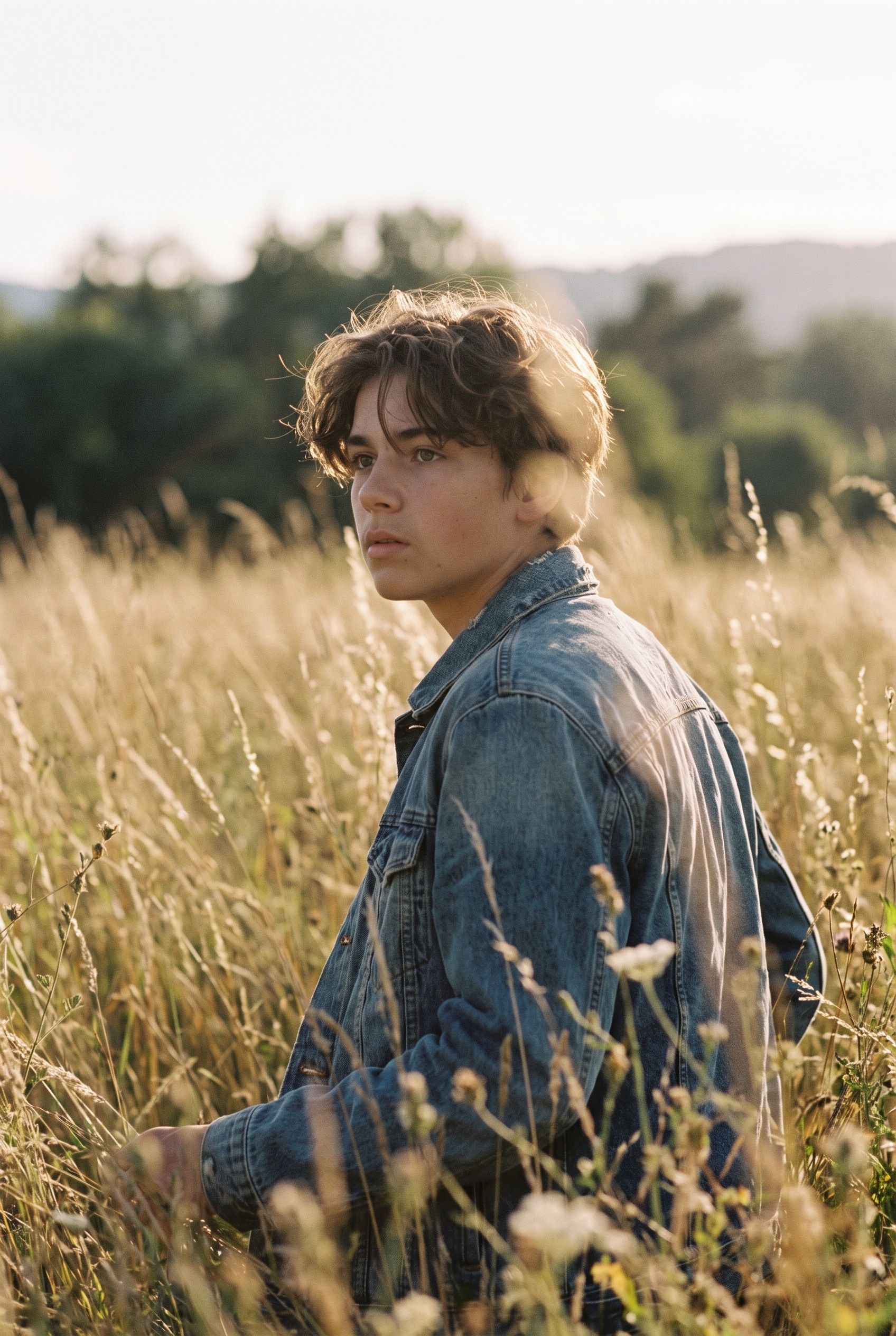 A teenager standing in tall summer grass, backlit by low sun that flares through the frame