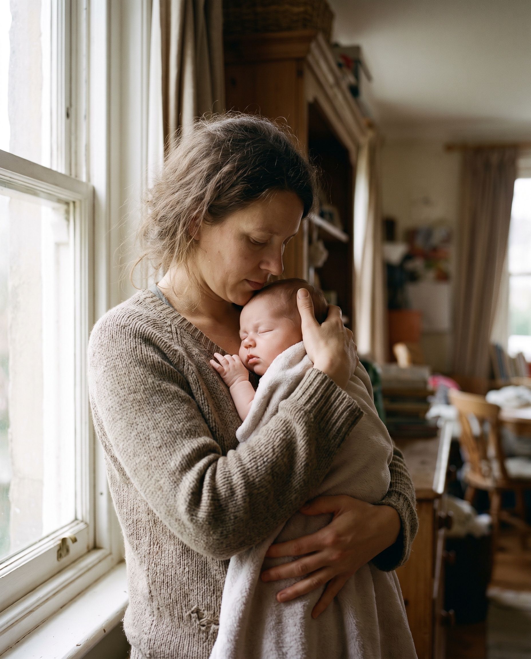 A mother holding a sleeping infant beside a bright window in soft, pale light