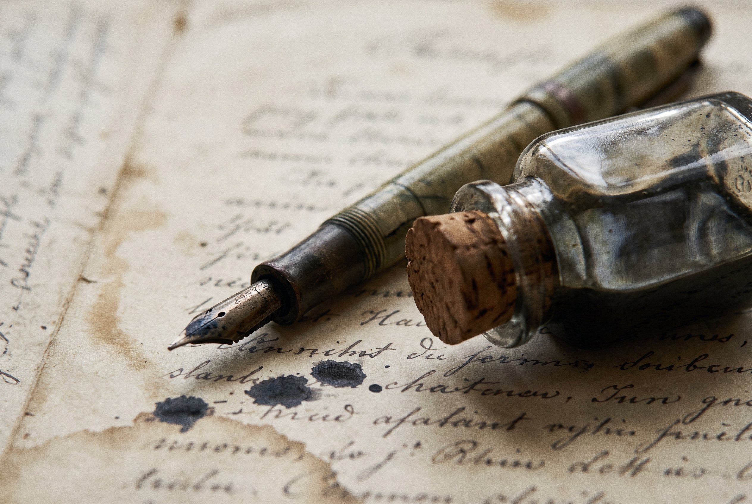 A fountain pen resting on aged handwritten paper beside a glass ink bottle, lit low and from the side