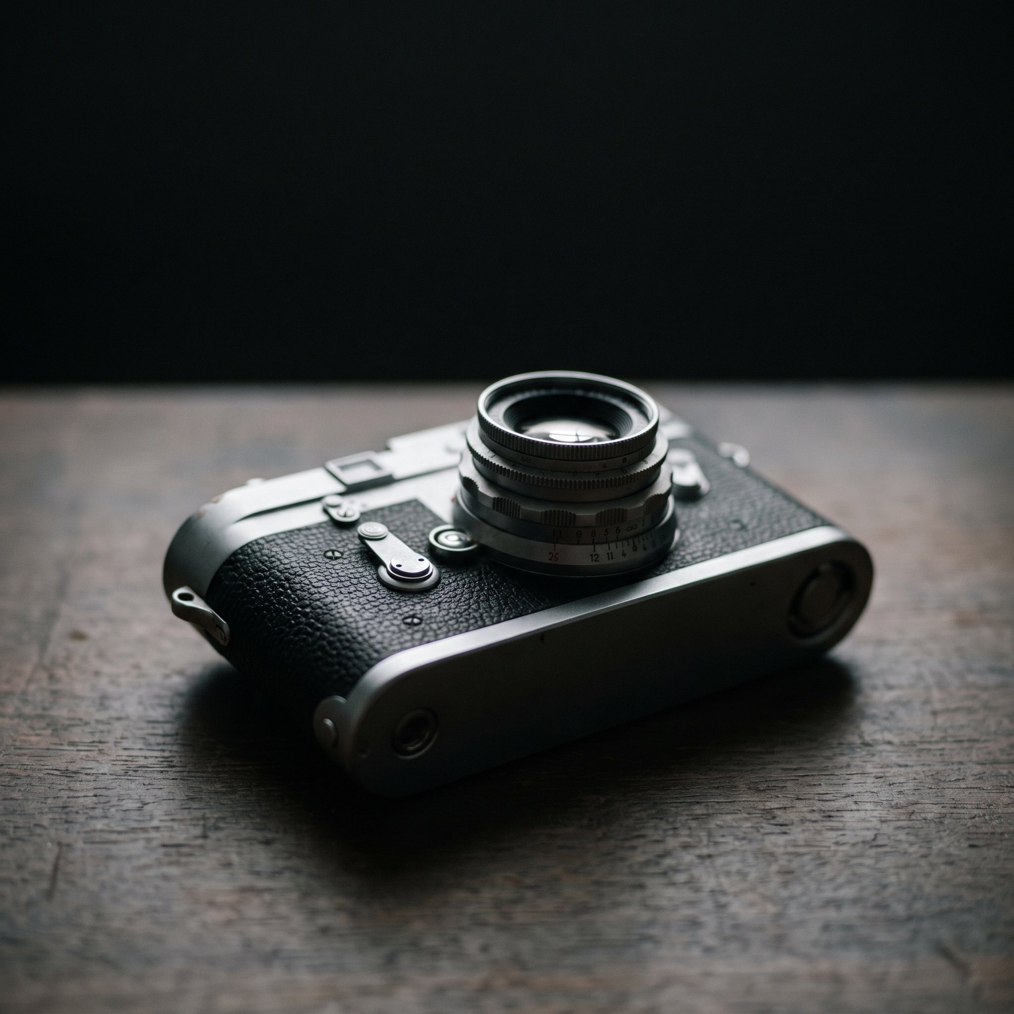 A vintage rangefinder film camera on a weathered wooden table, side light picking out the knurled focus ring
