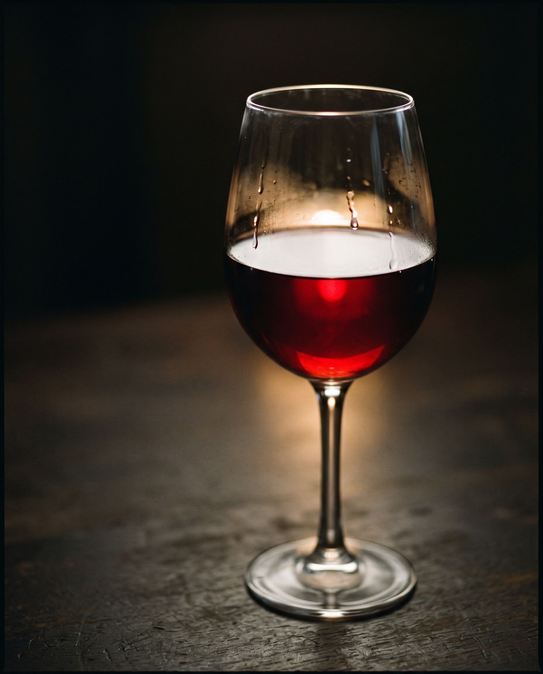 A single glass of red wine backlit against a dark background, glowing ruby through the bowl of the glass
